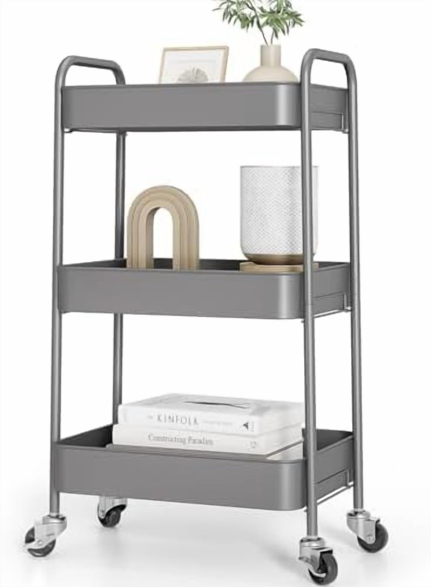 3-Tier Metal Rolling Cart with Wheels, Storage Utility Organizer Cart for Kitchen, Bathroom, Office, Baby Essentials & Makeup - Lockable Casters, Easy Assembly, Large Capacity, Gray