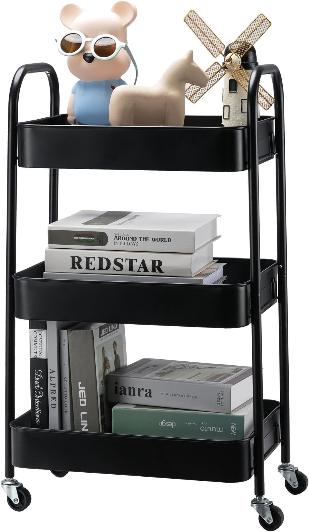 3 Tier Metal Rolling Cart with Wheels,Storage Organizer for Kitchen,Dorm,Bathroom,Classroom,17" D x 12" W x 29" H,Black