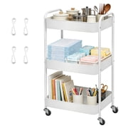 3 Tier Rolling Cart, Metal Utility Carts with Wheels, Mesh Rolling Storage Cart Organizer with Handle and 4 Hooks for Kitchen, Bathroom, Office, White