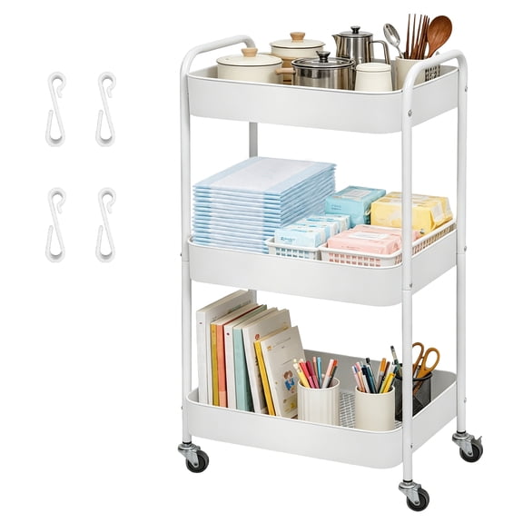 3 Tier Rolling Cart, Metal Utility Carts with Wheels, Mesh Rolling Storage Cart Organizer with Handle and 4 Hooks for Kitchen, Bathroom, Office, White