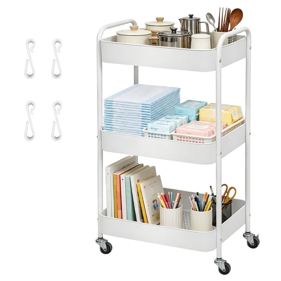 3 Tier Rolling Cart, Metal Utility Carts with Wheels, Mesh Rolling Storage Cart Organizer with Handle and 4 Hooks for Kitchen, Bathroom, Office, White