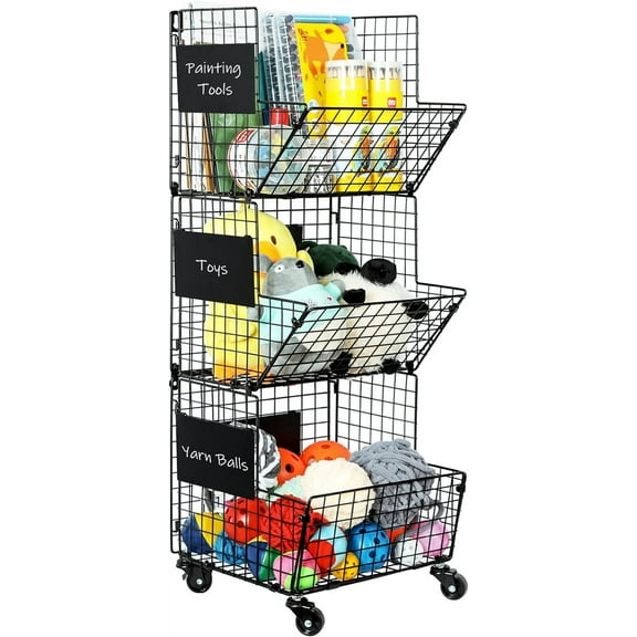 3 Tier Metal Rolling Laundry Basket Cart, x-Cosrack Rolling Wire Toy Organizer Basket with Wheels,Toy Storage Cart Wall Bookshelf for Kids Room, Playroom, Bedroom