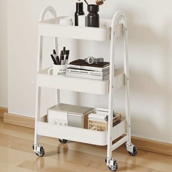 3-Tier Metal Rolling Storage Cart with Lockable Casters, Bottom Shelf, Bathroom and Living Room Organizer, White