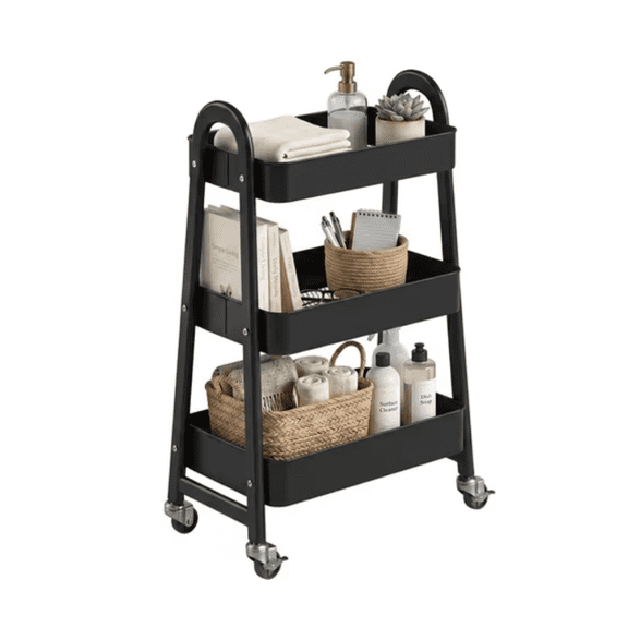 3-Tier Metal Rolling Utility Cart, Black Storage Trolley with Lockable 360 Swivel Casters, Multi-Purpose Organizer for Kitchen & Bathroom