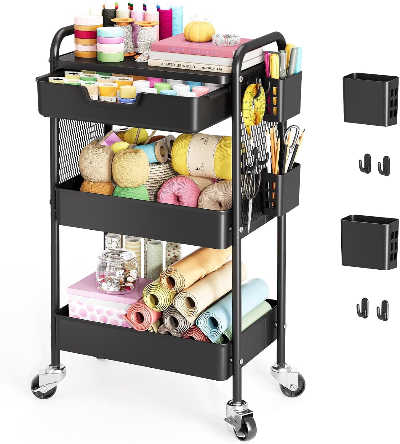 3 Tier Metal Rolling Utility Cart with Drawer & Pegboard - Multifunctional Storage Cart on Wheels with Tabletop, Hooks & Basket, Sturdy Craft & Art Cart for Bathroom, Bedroom, Children Room