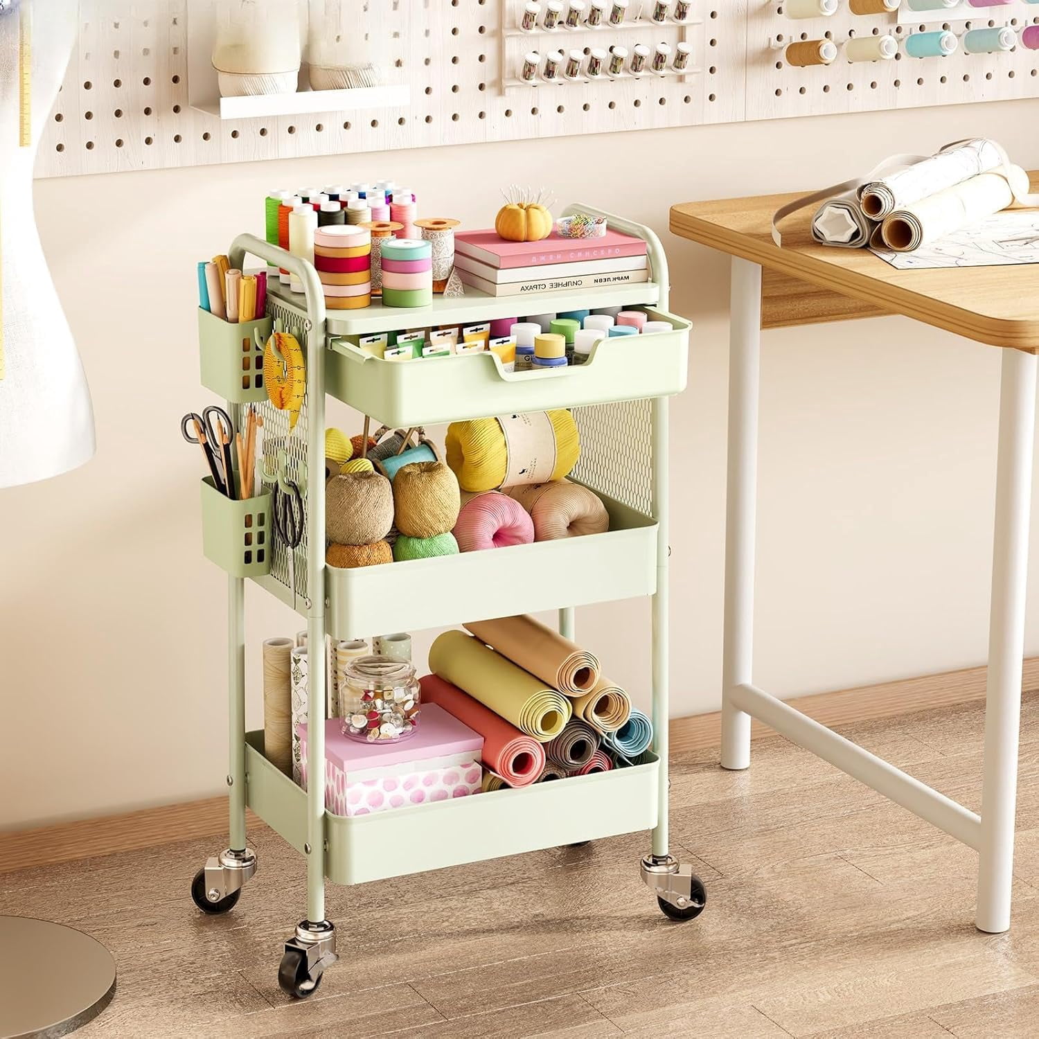 3 Tier Metal Rolling Utility Cart with Drawer & Pegboard - Multifunctional Storage Cart on Wheels with Tabletop, Hooks & Basket, Sturdy Craft & Art Cart for Bathroom, Bedroom, Children Room