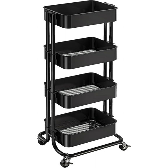 3 Tier Metal Rolling Utility Cart, Heavy-Duty Storage Rolling Cart with 2 Lockable Wheels, Multifunctional Mesh Organization Utility Cart for Kitchen Dining Room Living Room
