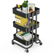 3-Tier Metal Rolling Utility Cart, Multifunction Storage Cart Organization Cart with 2 Lockable Wheels for Home Office Kitchen (Black)