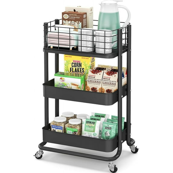 3-Tier Metal Rolling Utility Cart, Rolling Cart Organizer, Storage Cart on Wheels, Book Cart, Diaper Cart for Bathroom, Kitchen, Office, Bedroom, Black