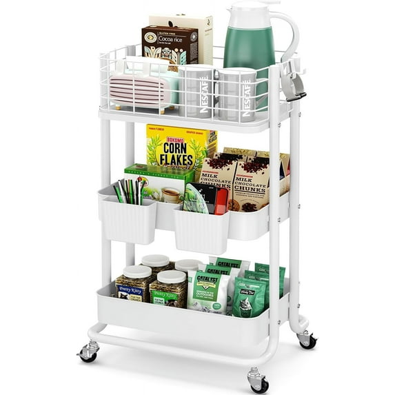 3 Tier Metal Rolling Utility Cart, Rolling Storage Cart, Trolley Cart with Wheels, Small Rolling Cart, Storage Cart Organizer for Kitchen, Office, Bathroom, White
