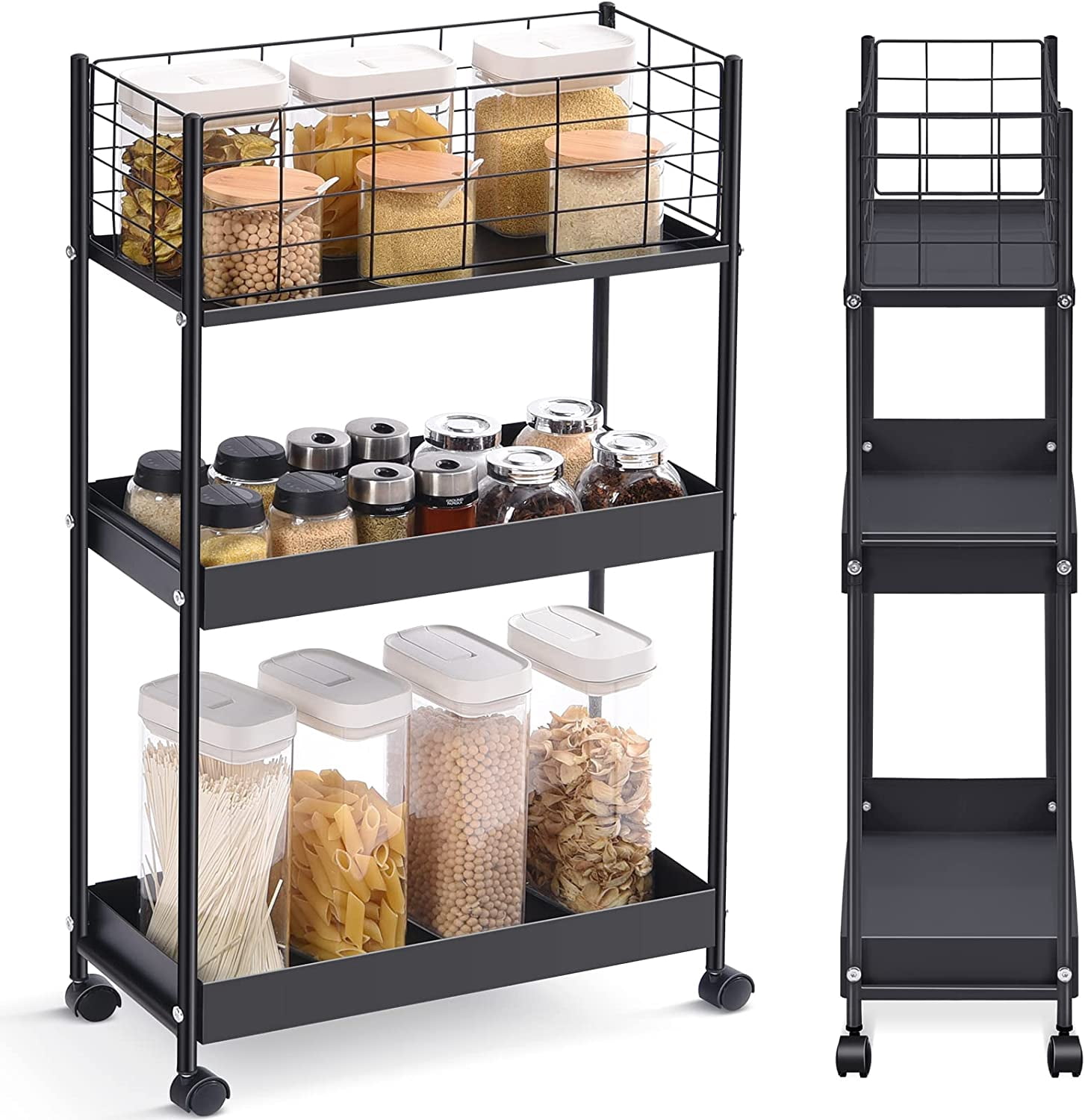 3-Tier Metal Rolling Utility Cart, Slim Storage Cart, Slide Out Storage Cart, Small Rolling Trolley Kitchen Cart, Cart for Bathroom Laundry Room Office Narrow Place, Black