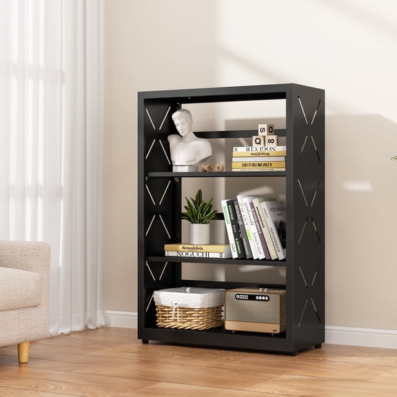 Polup Industrial Style 3-Tier Freestanding Bookcase with Adjustable Metal Shelves, Black, 1-Pack