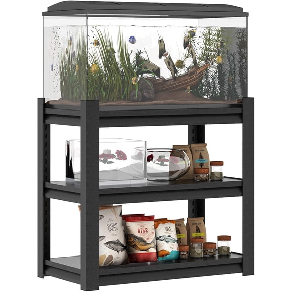 3 Tier Metal Shelving Unit, Aquarium Shelf System, Small Storage Organizer Racks for Basement Garage Laundry Utility Shelving (Black)