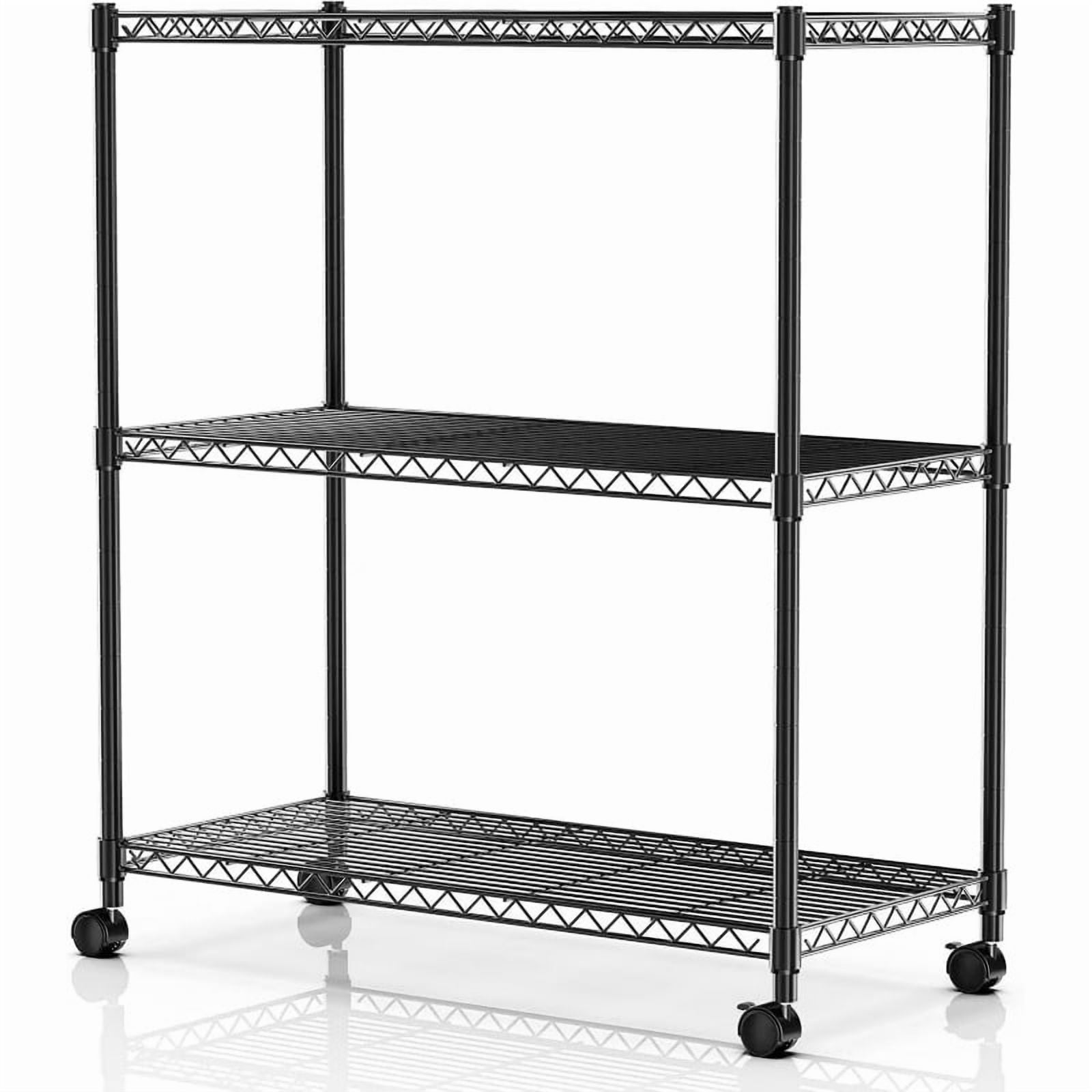 3-Tier Metal Shelving Unit with Wheels, Adjustable Wire Shelves