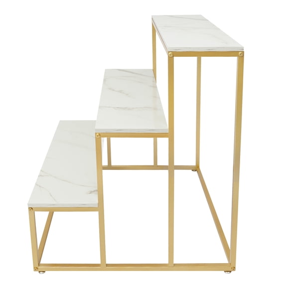 3 Tier Metal Shoe Handbag Display Stand Display Riser Boutique Nesting Tables with Gold Metal Frame and White Wood Tabletop Modern Retail Display Tables for Stores, 220lbs Capacity