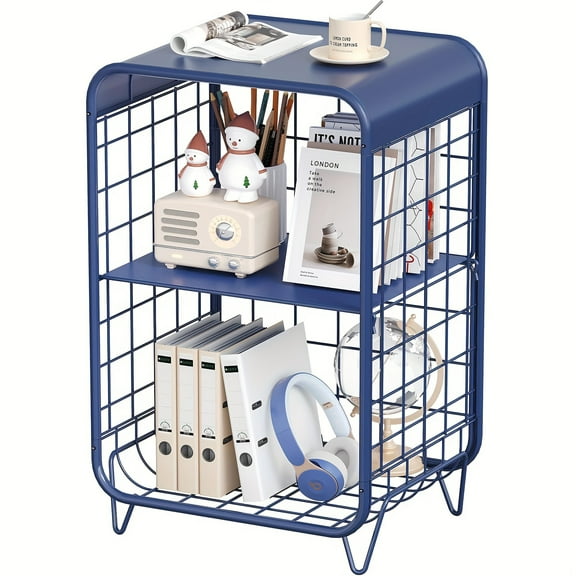 3-Tier Metal Side Table with Storage - Vintage Blue Nightstand for Bedroom, Dorm, Living Room, Thanksgiving or Christmas Gift