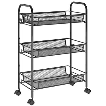 3-Tier Metal Slim Rolling Storage Cart, Bathroom Storage Organizer Rolling Utility/ Mobile Shelving Unit Slide Out Mesh Storage Cart for Office, Bathroom, Kitchen, Laundry Room & Narrow Places, Black