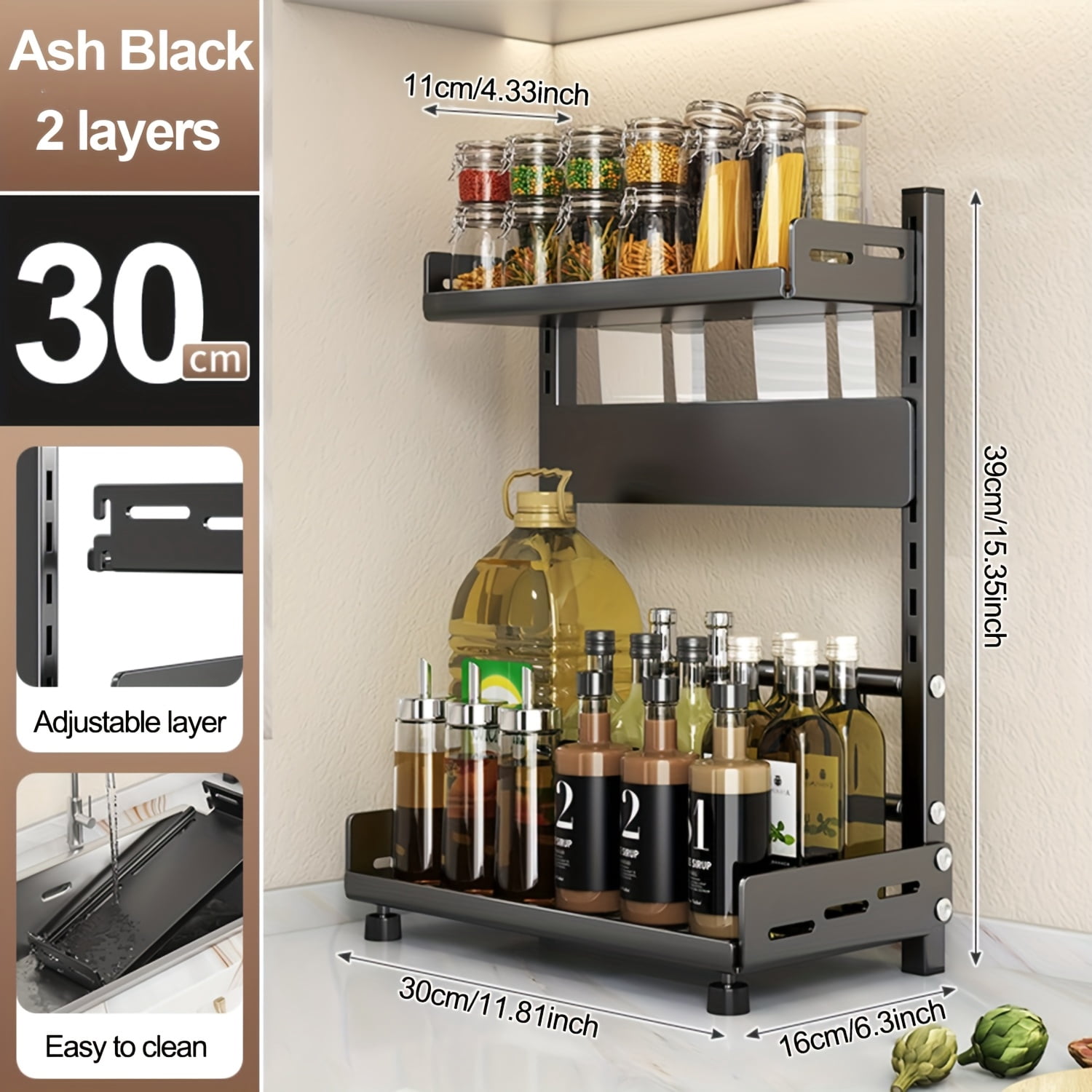 Countertop Jar Rack 3-Tier Metal Spice Rack Organizer - Adjustable Countertop Storage for ...