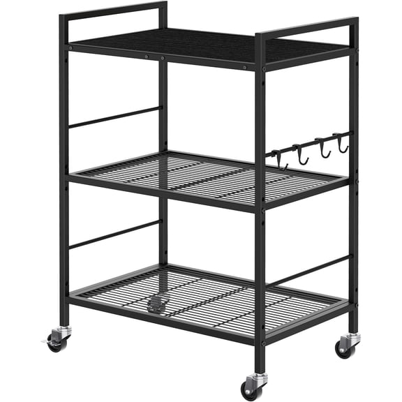 3-Tier Metal Storage Rack with Industrial Wheels,Mesh Shelving Unit with Wooden Table top,Adjustable Shelf,23.6-Inch Width,15.8-Inch Depth, for Kitchen, Laundry,Pantry,Plant,Black panel