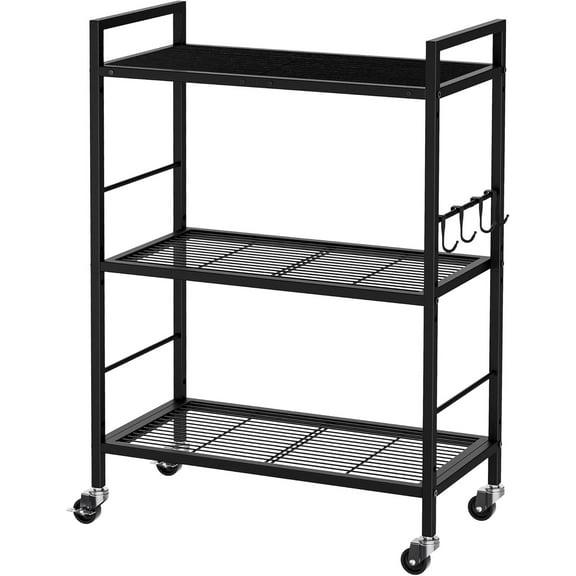 3-Tier Metal Storage Rack with Industrial Wheels,Mesh Shelving Unit with Wooden Table top,Adjustable Shelf,23.6-Inch Width,for Kitchen,Laundry,Pantry,Plant,Black panel and black frame