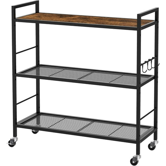 3-Tier Metal Storage Rack with Industrial Wheels,Mesh Shelving Unit with Wooden Table top,Adjustable Shelf,31.5-Inch Width, for Kitchen, Laundry,Pantry,Plant,Black