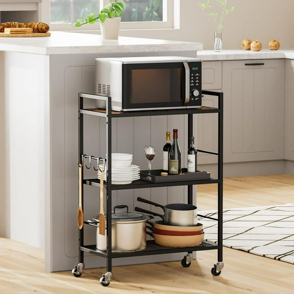 3-Tier Metal Storage Rack with Industrial Wheels, Mesh Shelving Unit with Wooden Tabletop, Adjustable Shelf, 23.6-Inch Width for Kitchen Laundry Pantry Plant Black