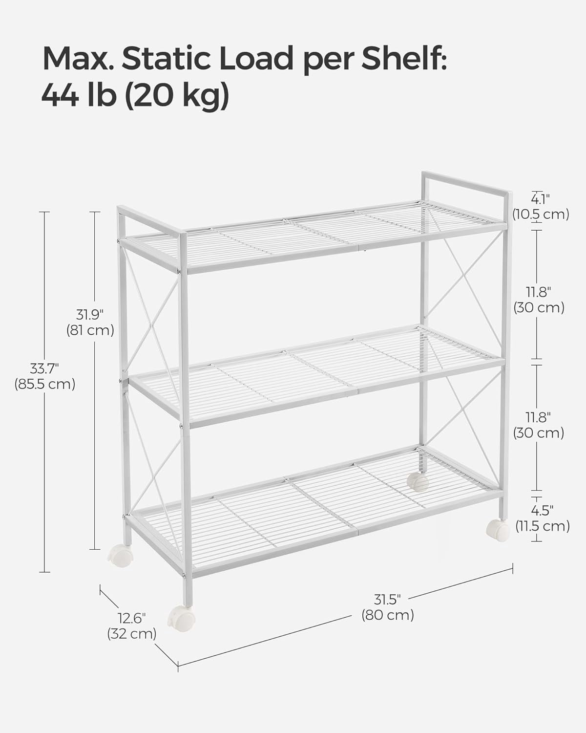 3-Tier Metal Storage Rack with Wheels, Mesh Shelving Unit with X Side ...