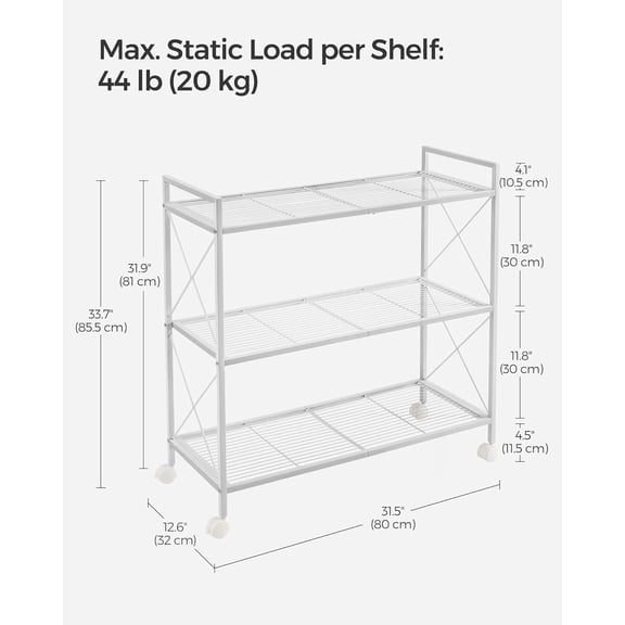 3-Tier Metal Storage Rack with Wheels, Mesh Shelving Unit with X Side Frames, 31.5-Inch Width, for Entryway, Kitchen, Living Room, Bathroom, Industrial Style, White UBSC183W01