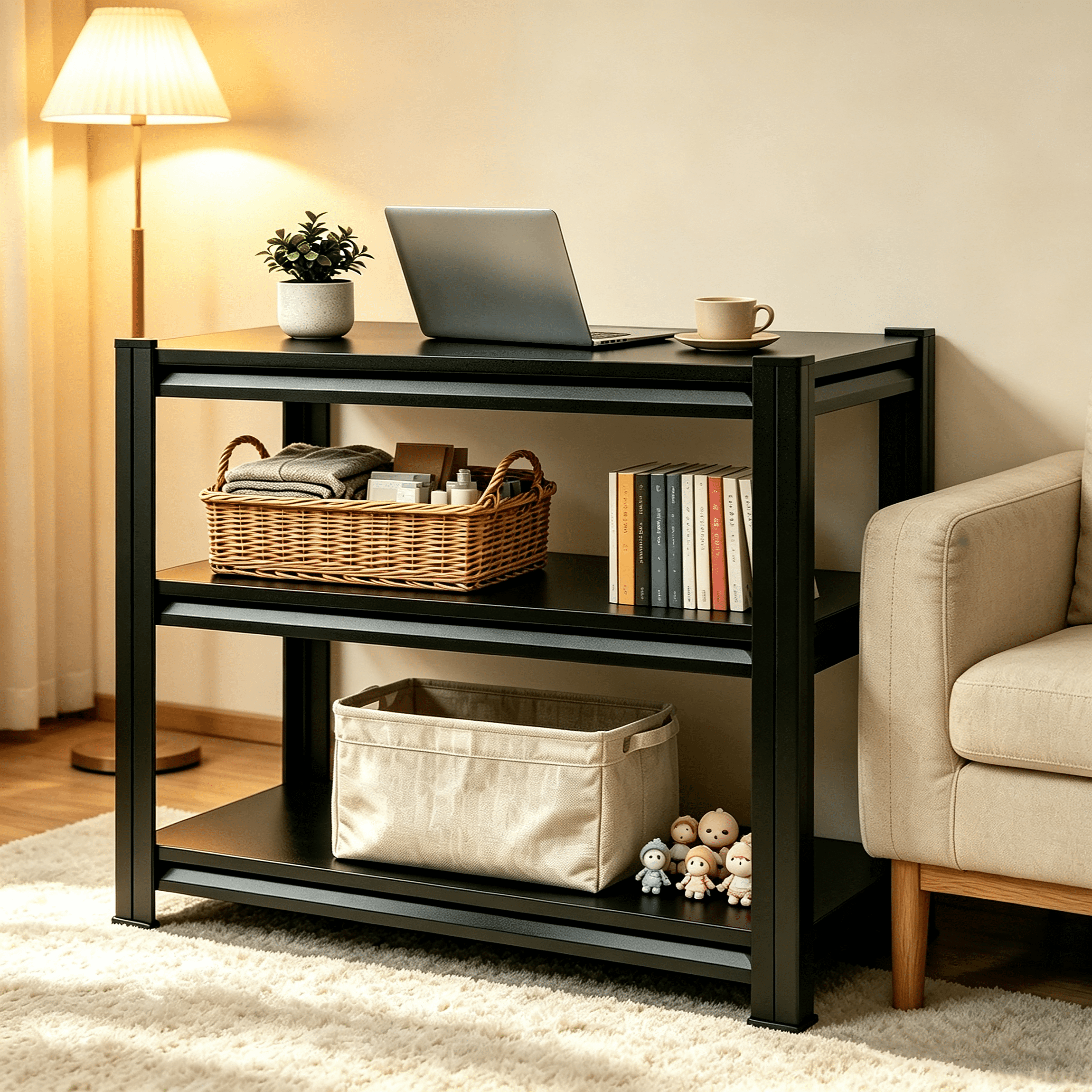 3-Tier Metal Storage Rack with Adjustable Shelves, Multi-purpose Organizer for Living Room, Kitchen, Garage, Office, Gym and More