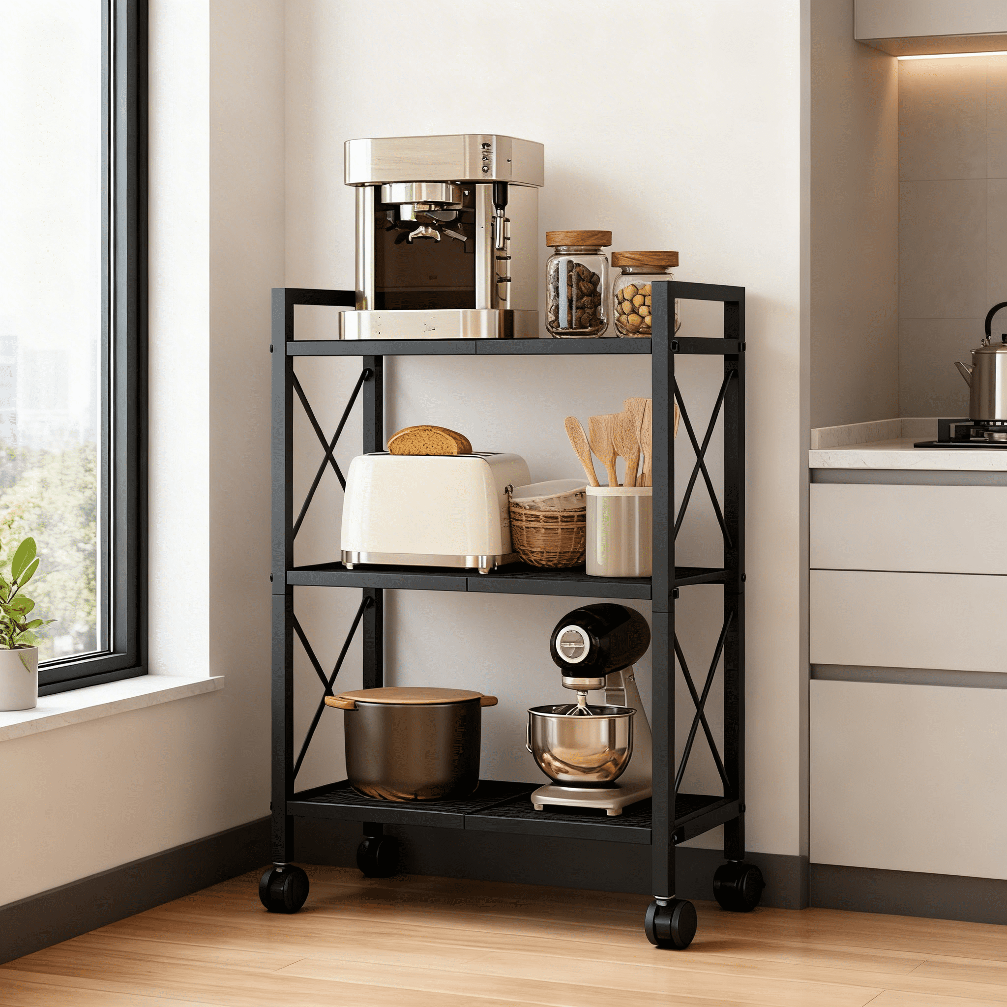 Adjsutable Rack SONGMICS 3-Tier Steel Storage Rack, Adjustable Shelving with Wheels, X ...