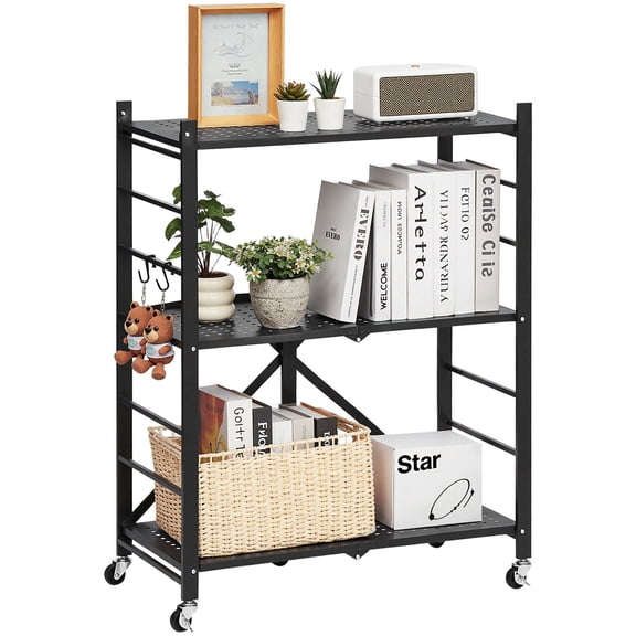 3-Tier Metal Storage Shelf - 28" x 13" x 36" Foldable Organizer with Locking Wheels - Heavy Duty Rolling Utility Rack for Kitchen, Pantry, Garage & Closet - Space Saving Design
