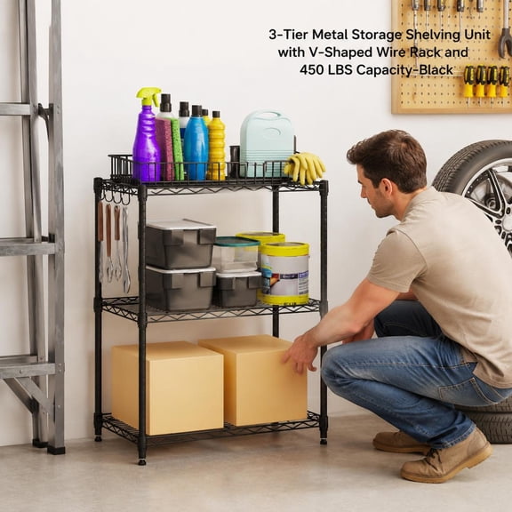 3-Tier Metal Storage Shelving Unit, V-Shaped Wire Rack, 450 Lbs Capacity, Black