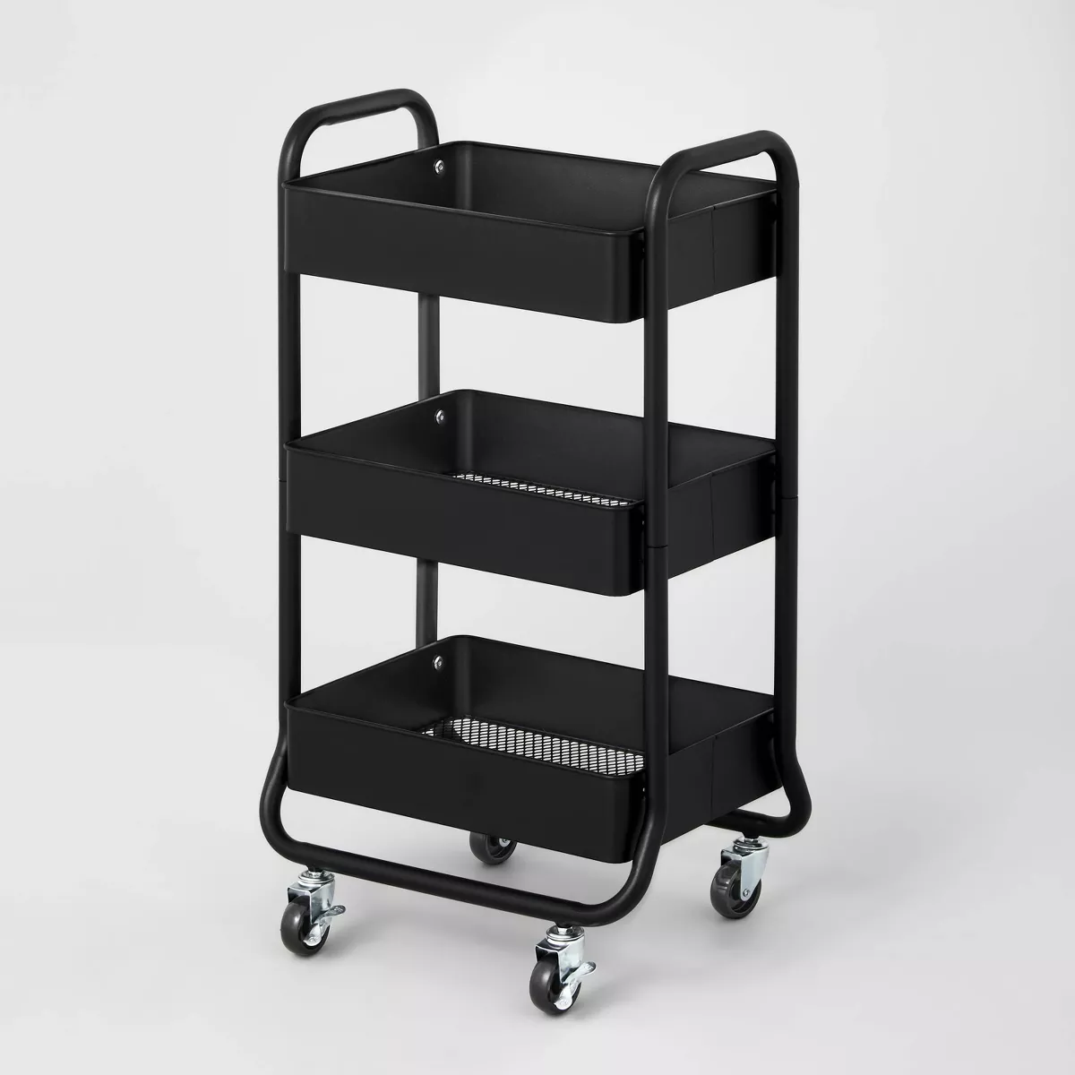 Black 3-Tier Metal Utility Cart with Locking Wheels