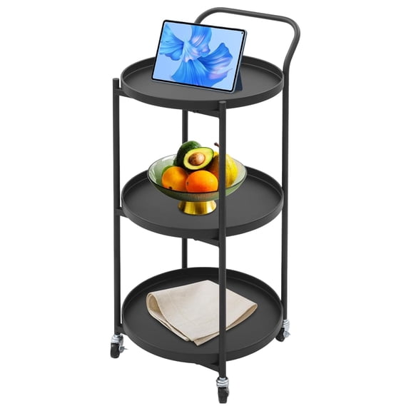 3 Tier Metal Utility Cart Rolling Metal Storage Heavy Duty Round Serving Cart Mobile Bar Cart with Handle and Wheels for Restaurant, Kitchen, Bar, 181630.7in (Black)