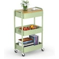 thumbnail image 1 of 3 Tier Metal Utility Cart, Rolling Storage Cart with Wooden Tabletop, Metal Organizer Cart with Lockable Wheels for Office, Bedroom, Kitchen and Living Room (Green), 1 of 7