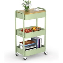 3 Tier Metal Utility Cart, Rolling Storage Cart with Wooden Tabletop, Metal Organizer Cart with Lockable Wheels for Office, Bedroom, Kitchen and Living Room (Green)