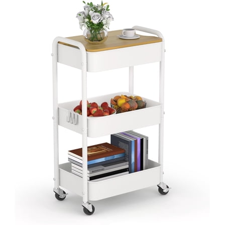 3 Tier Metal Utility Cart, Rolling Storage Cart with Wooden Tabletop, Metal Organizer Cart with Lockable Wheels for Office, Bedroom, Kitchen and Living Room (White)