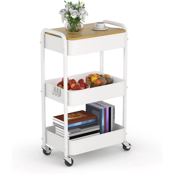 3 Tier Metal Utility Cart, Rolling Storage Cart with Wooden Tabletop, Metal Organizer Cart with Lockable Wheels for Office, Bedroom, Kitchen and Living Room (White)