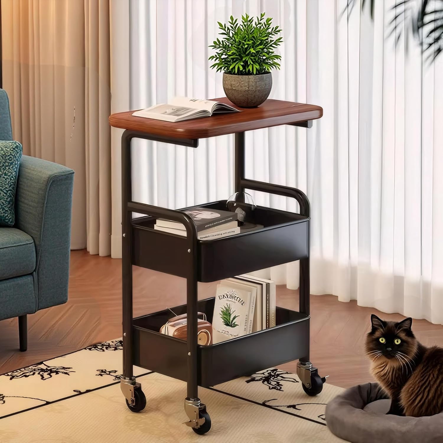 3-Tier Metal Utility Rolling Cart with Drawer & Wooden Table Top, with ...