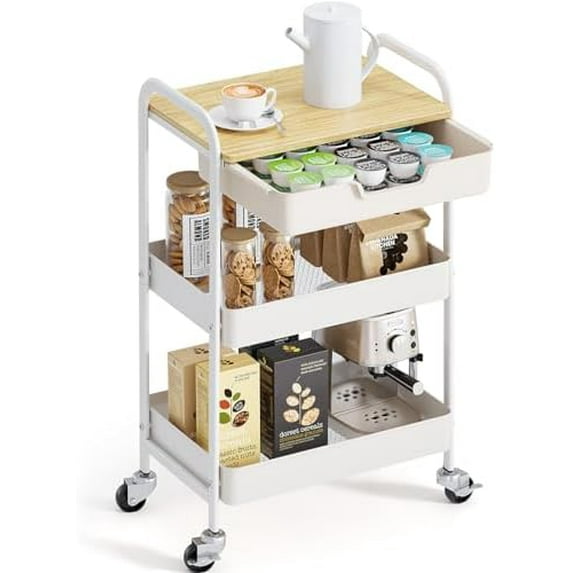 3-Tier Metal Utility Rolling Cart with Drawer and Wooden Table Top ...