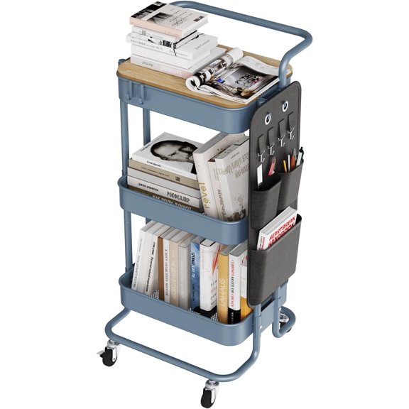 3 Tier Metal Utility Rolling Cart with Table Top and Side Bags, Metal Tray Storage Organizer Cart with Wheels, Art Craft Cart with 4 Hooks for Kitchen Bathroom Office Living Room (Blue)