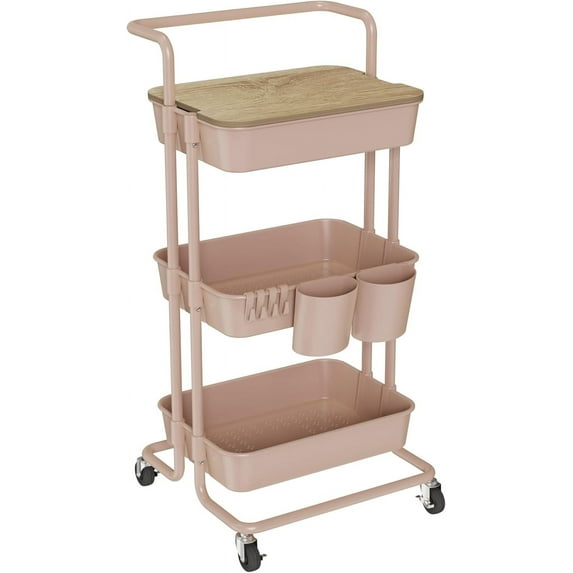 3 Tier Metal Utility Rolling Cart with Table Top and Side Bags, Tray Storage Organizer Wheels, Art Craft 4 Hooks for Kitchen Bathroom Office Living Room (Black)