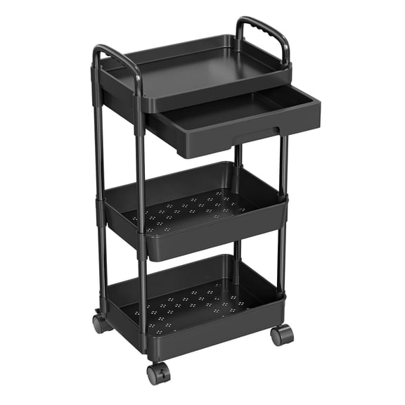 TeqHome 3 Tier Metal Utility Rolling Storage Cart Rustproof Trolley with Lockable Wheels for Office Bathroom Kitchen Garden Black