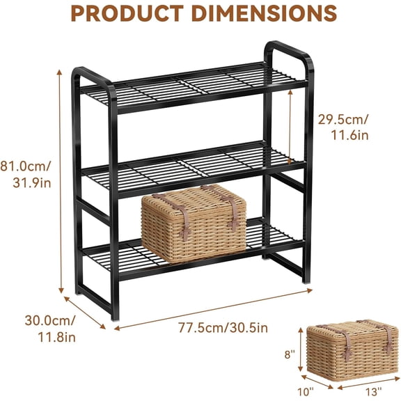 3-Tier Metal Wire Storage Shelves, Sturdy Stackable Standing Rack for Garage Kitchen Bathroom Pantry (30" x 12" x 32", Black)