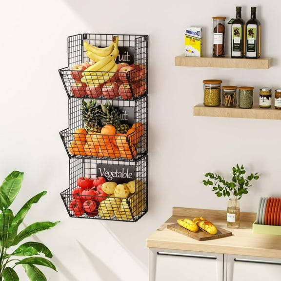 3 Tier Metal Wire Wall Mount Storage Basket with Hanging Hooks and Chalkboards, Rustic Kitchen Fruit Produce Bin Rack