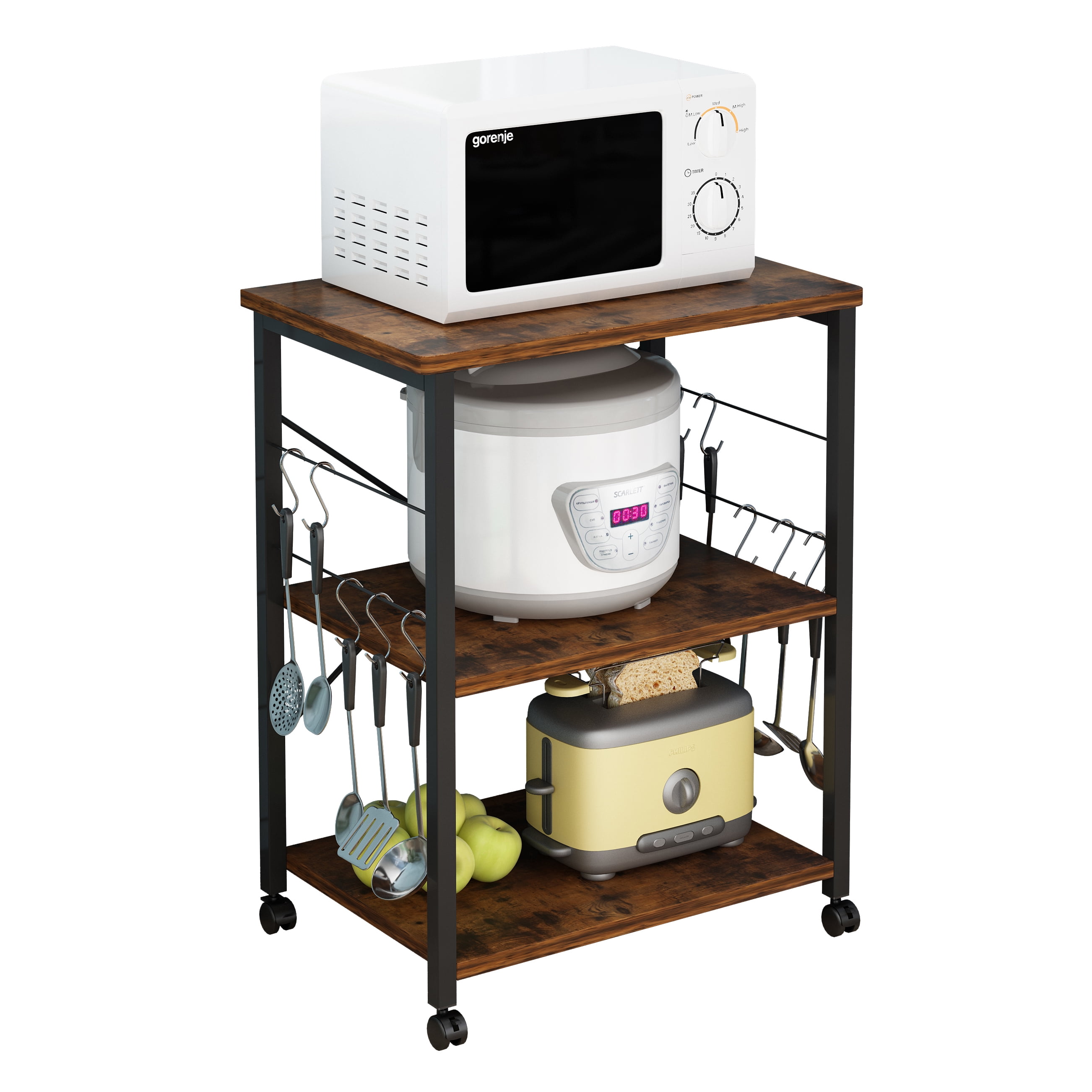 3-Tier Microwave Oven Rack with 10 Hooks and 4 Wheels, Retro-Style Movable Kitchen Storage Cart, Black and Walnut, 23.62 x 15.75 x 29.13 in