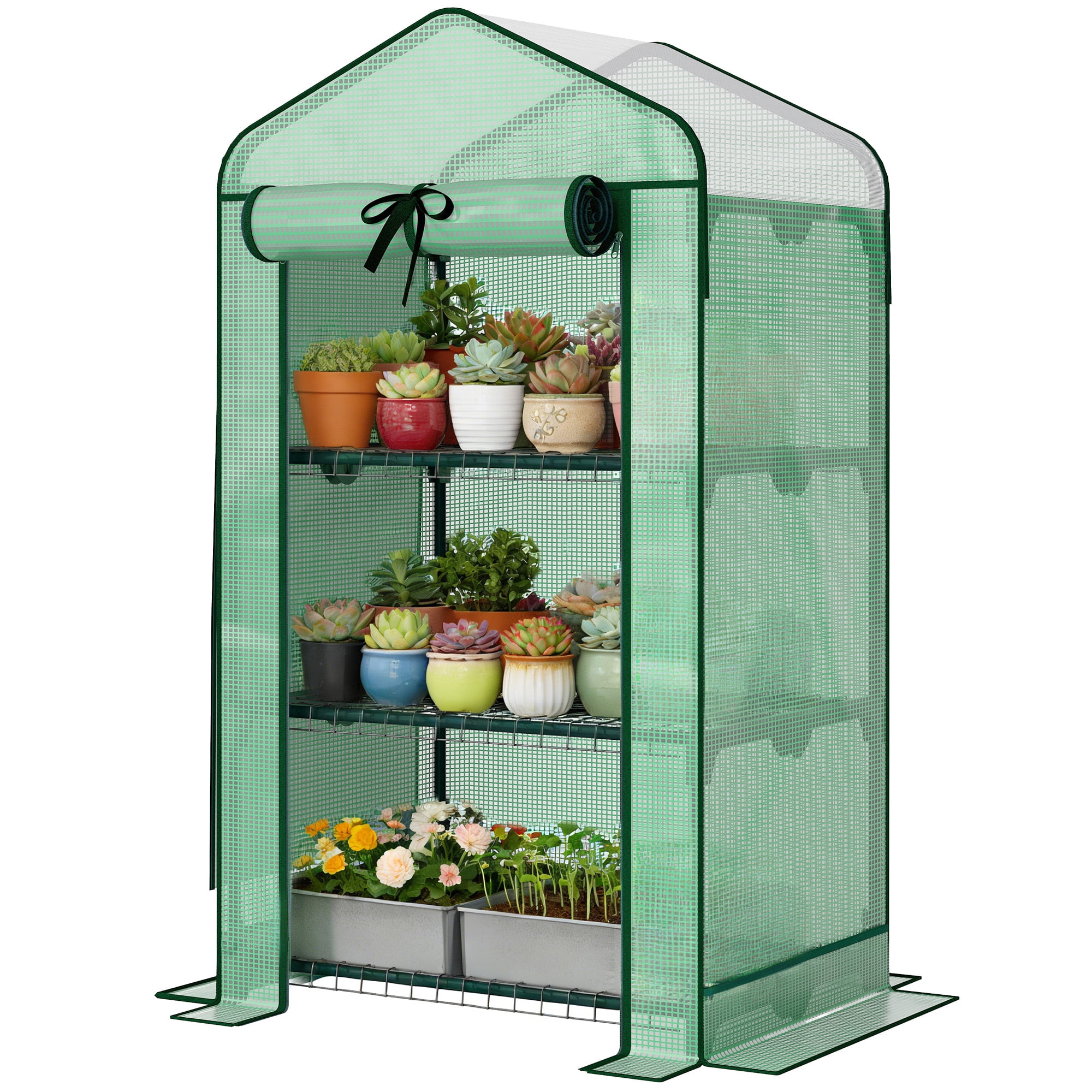 3-Tier Mini Greenhouse with Double-Layer Roof, 140gsm PE Cover, Roll-Up Zippered Door, Powder-Coated Steel Frame, Stability Side Bags for Indoor Outdoor Plants