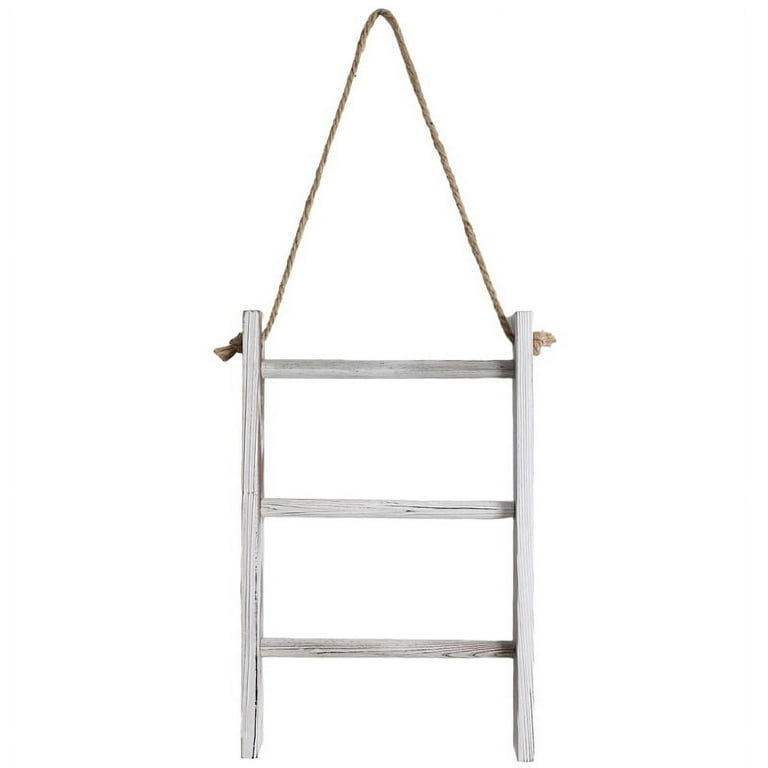 3 Tier Mini Whitewashed Wood Wall Hanging Hand Towel Storage Ladder with Rope