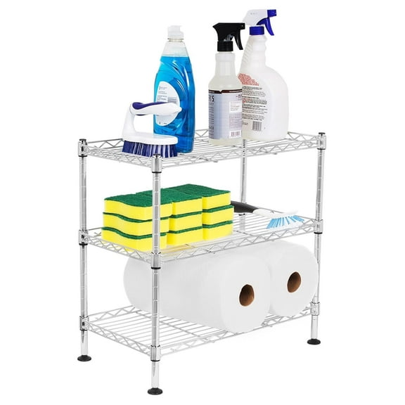 3-Tier Mini Wire Utility Shelving - Chrome - Shelf - Adjustable Rack Unit - Kitchen Bathroom Pantry Laundry Storage - Under The Sink Organization - Organize Your Cabinets - SPI