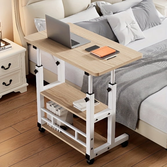 3-Tier Mobile C-Shaped Lift Desk with Storage Rack, Space-Saving Sofa Side Table, 8 Colors Available